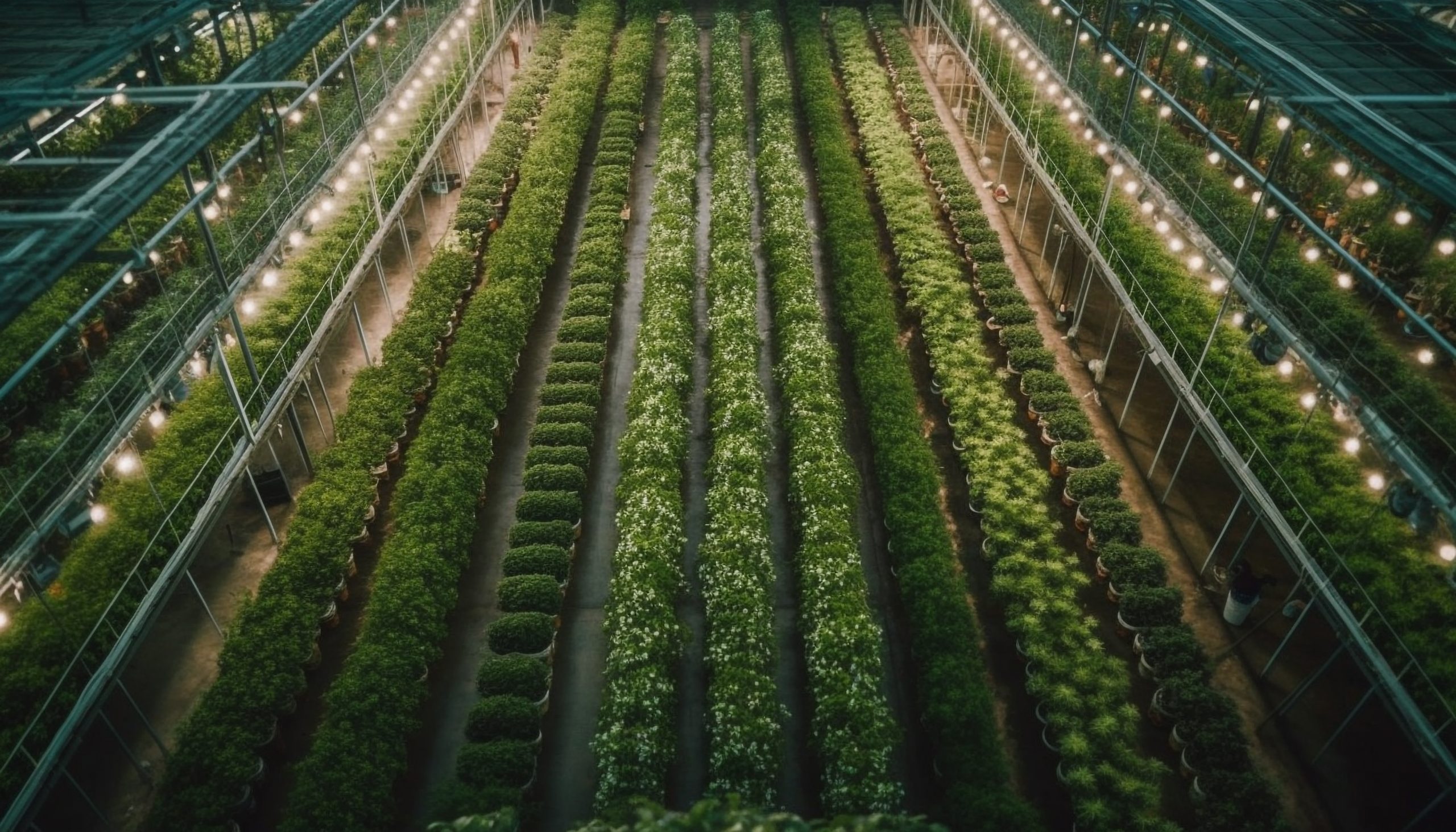 fresh organic growth in greenhouse, illuminated by yellow generated by ai