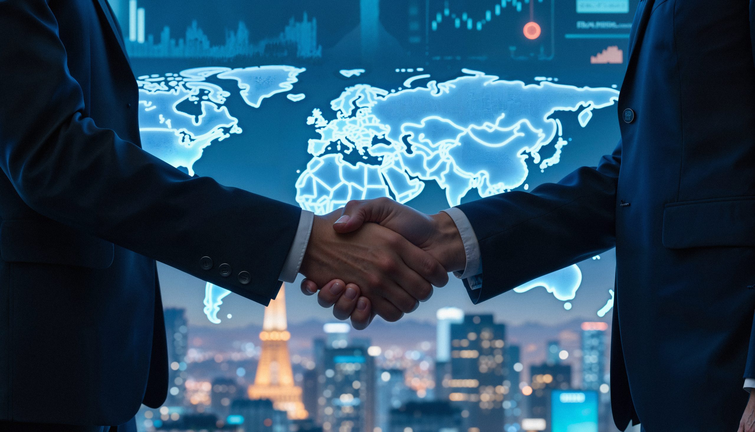 business handshake with world map background